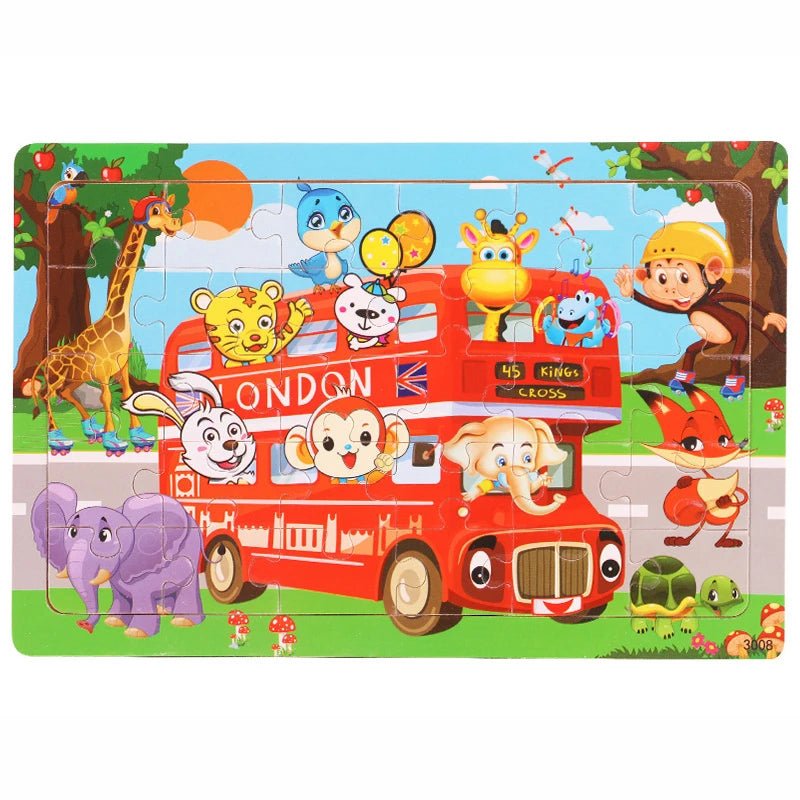 A 30-piece wooden jigsaw puzzle featuring an animal and vehicle scene with various jungle and zoo animals.