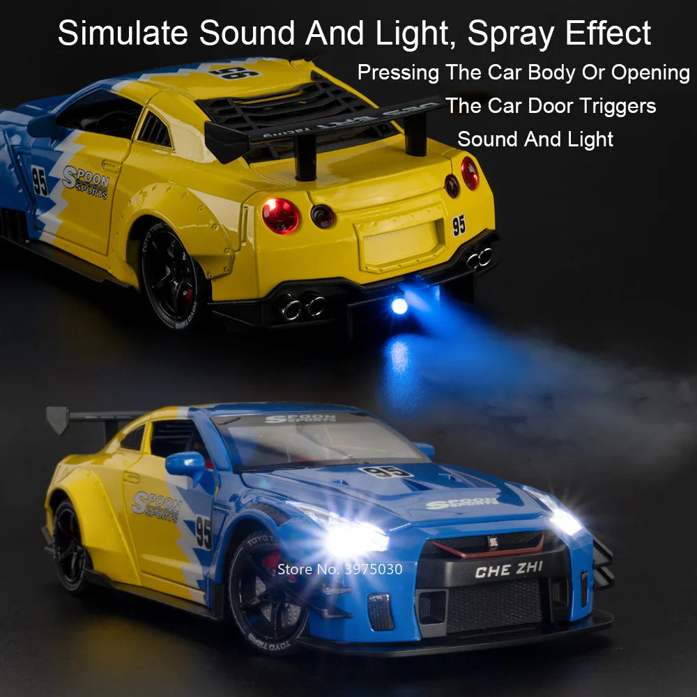 A yellow sports car model is shown with blue light spray effect, simulating sound and light effects.