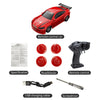 A red 1:64 scale RC drift car with remote control accessories including a screwdriver and USB charging cable.