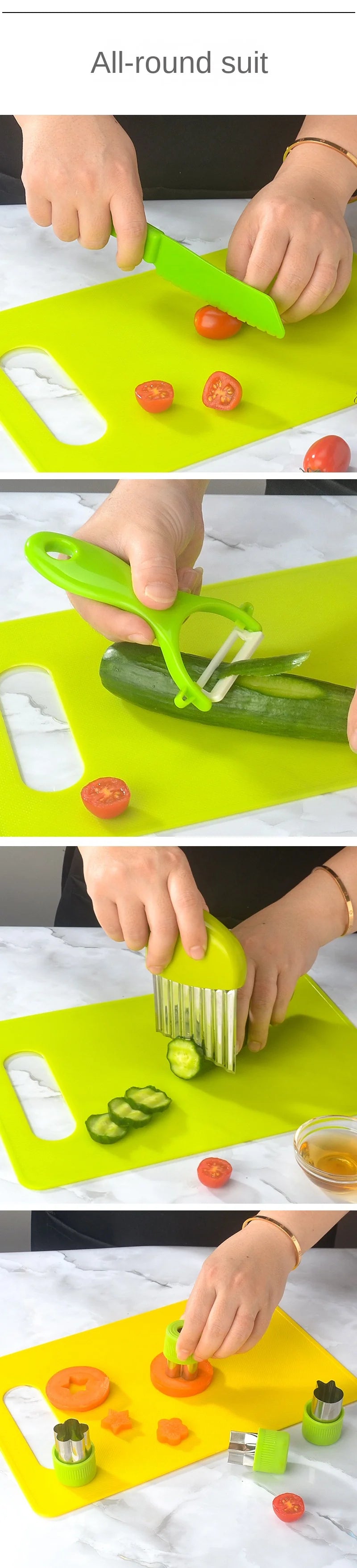 Hands demonstrate using a green plastic play knife set on a yellow cutting board.