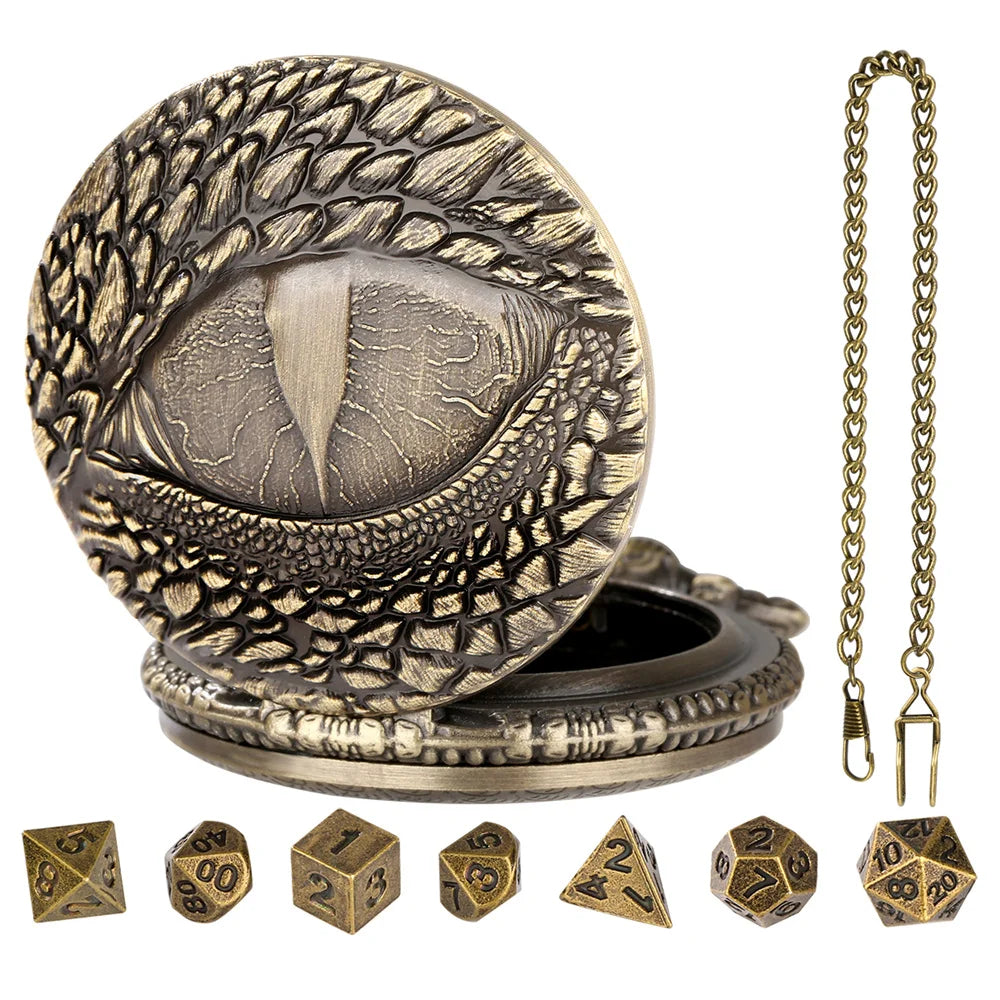 A brass dragon-themed pocket watch dice case with a lid and seven small wooden dice.