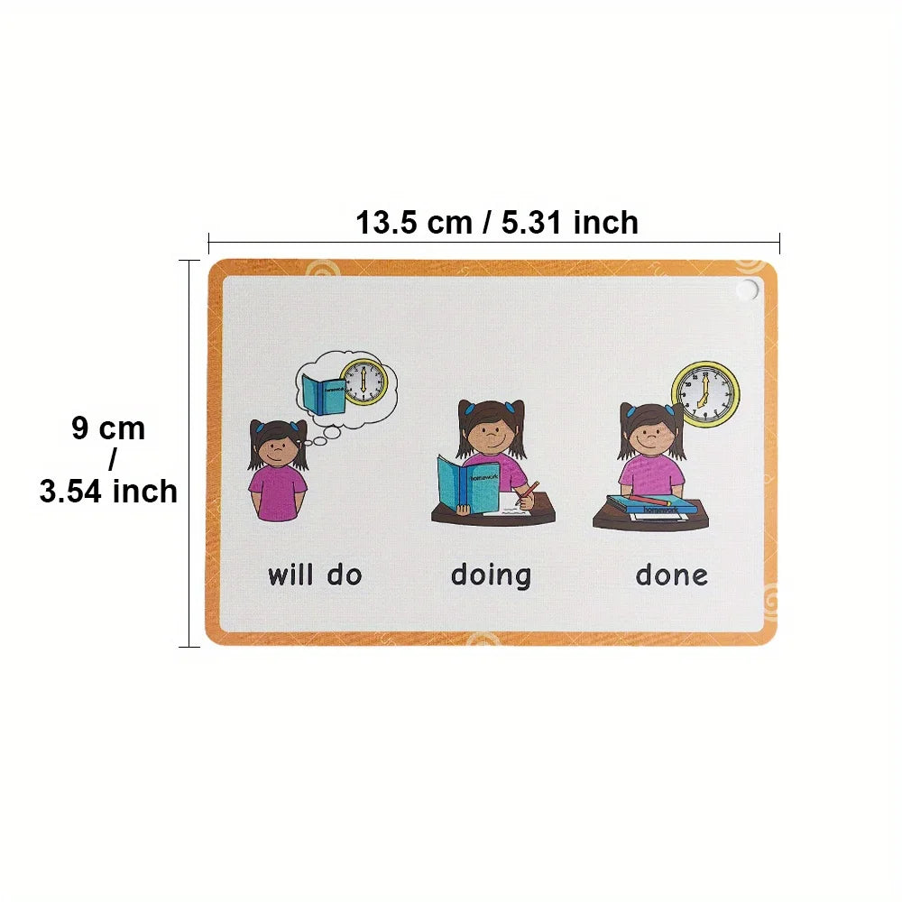 A set of three flashcards illustrating the verb tenses will do doing and done with children.