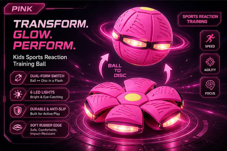 A pink sports reaction training ball is shown in various forms, highlighting its dual-form switch capability and features lik