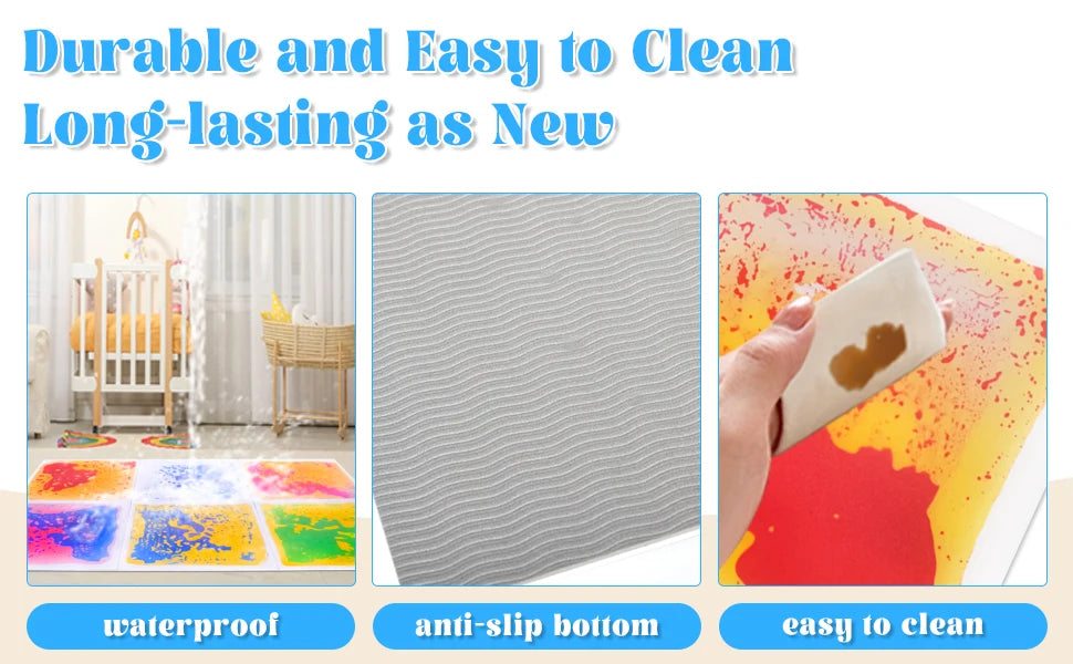 Colorful liquid sensory play mat showing waterproof, anti-slip bottom, and easy to clean features.