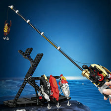 A fishing rod building blocks set with a reel is shown being assembled on a surface against a blue background.