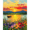 An oil painting depicting a vibrant sunset over mountains and water, with colorful wildflowers in the foreground.
