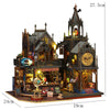 A detailed wooden 3D puzzle dollhouse kit depicting a magical city castle with intricate architecture and figures.