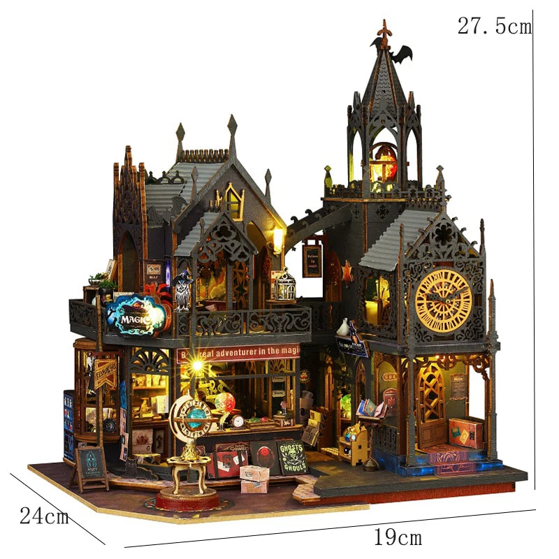 A detailed wooden 3D puzzle dollhouse kit depicting a magical city castle with intricate architecture and figures.