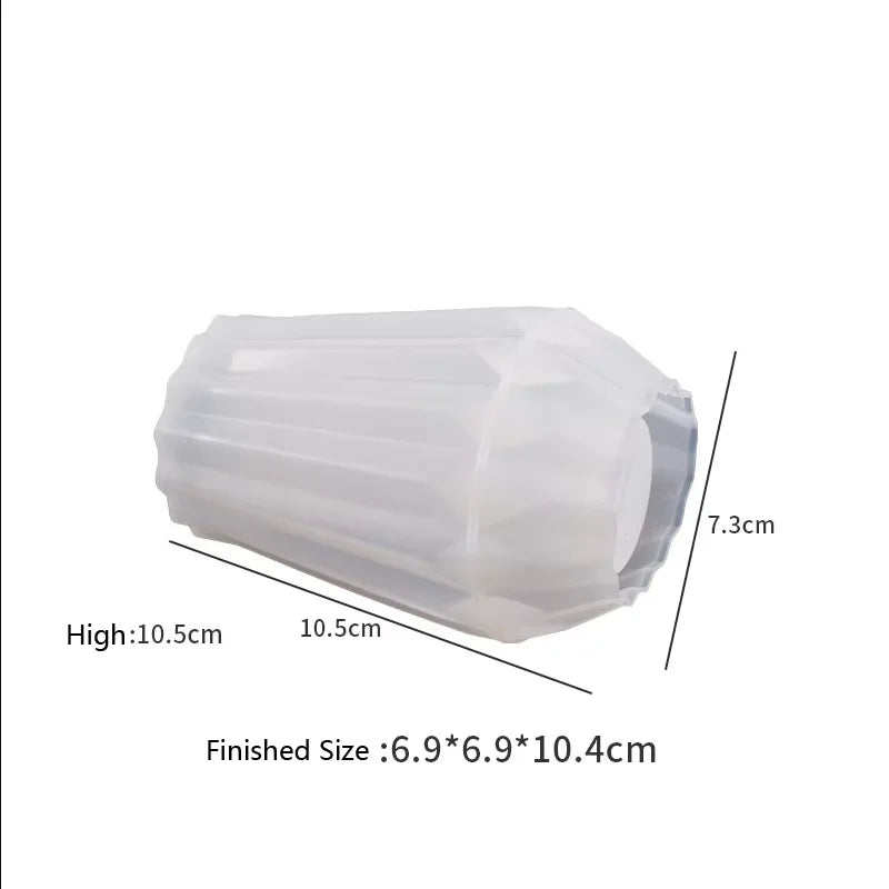 A translucent silicone mold shaped like a flower pot, with dimensions 6.9 x 6.9 x 10.4 cm.
