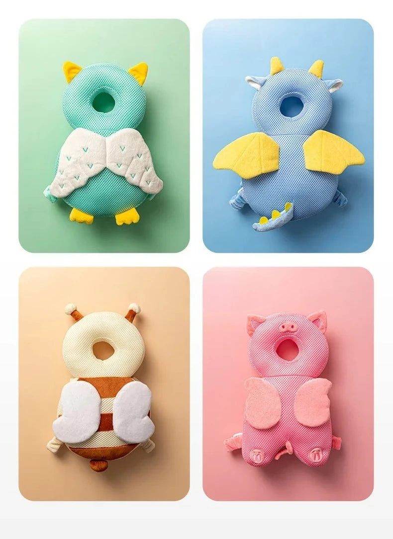 A set of four toddler safety head protectors in various animal shapes including an owl, a bear, a hedgehog, and a pig.