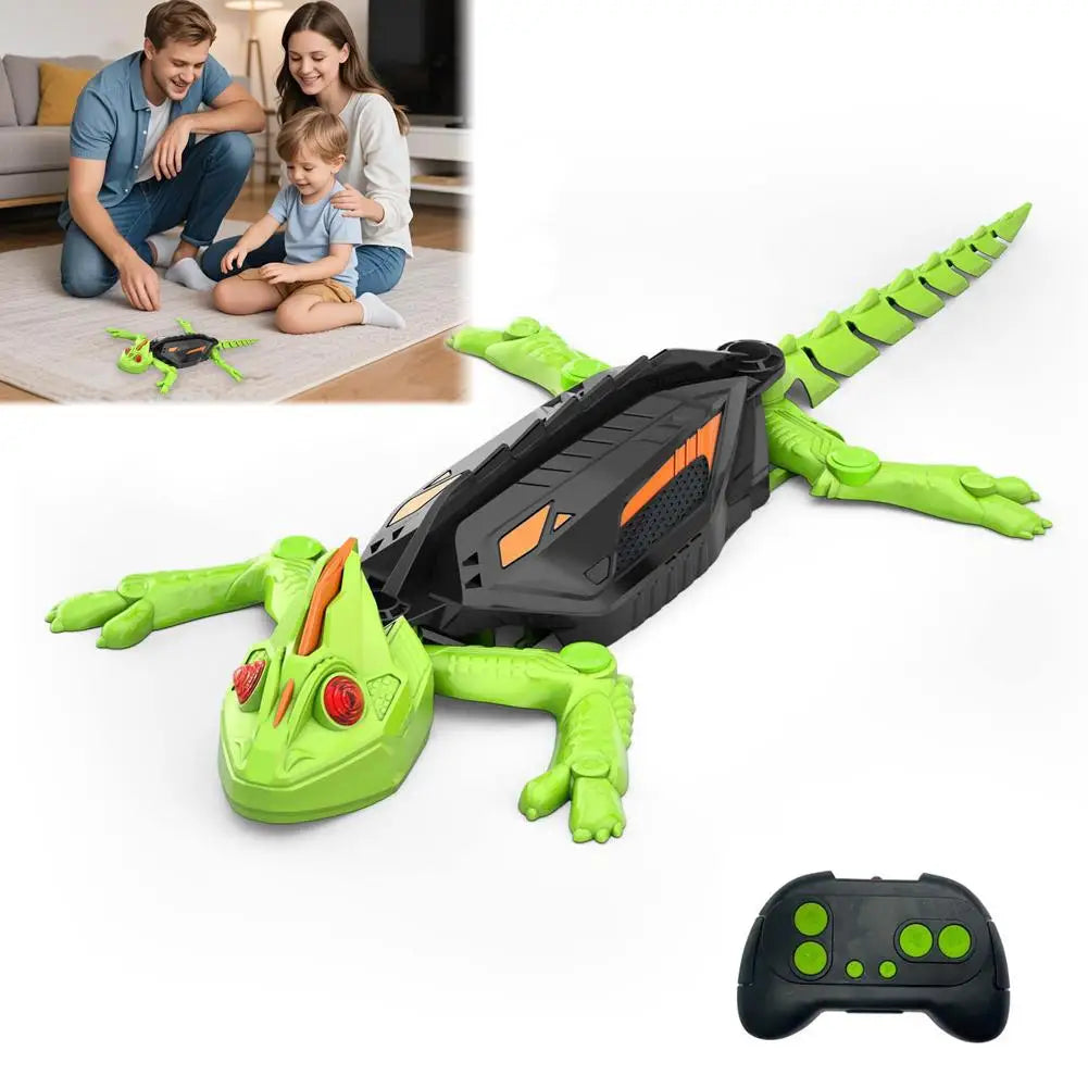 A green wall-climbing RC gecko toy with glowing eyes is shown next to a black controller.