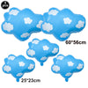 Five light blue foil balloons shaped like clouds and a plane for birthday party decor