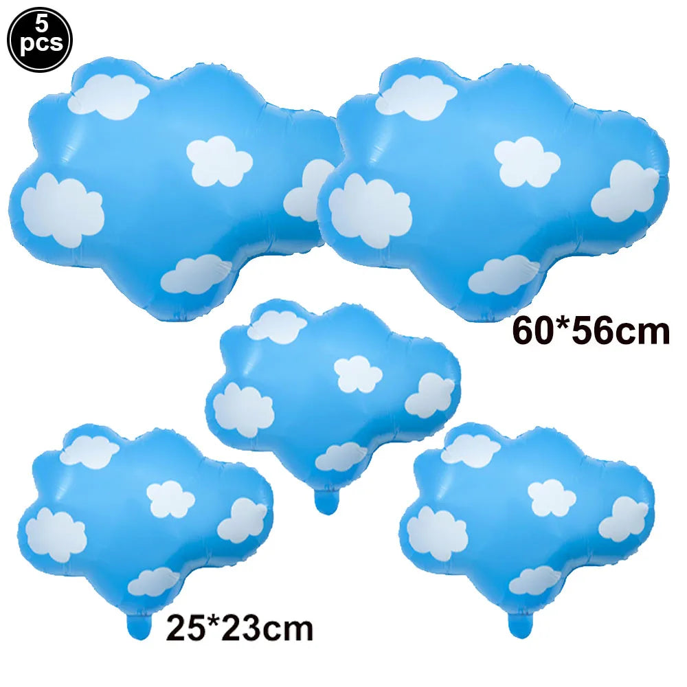 Five light blue foil balloons shaped like clouds and a plane for birthday party decor