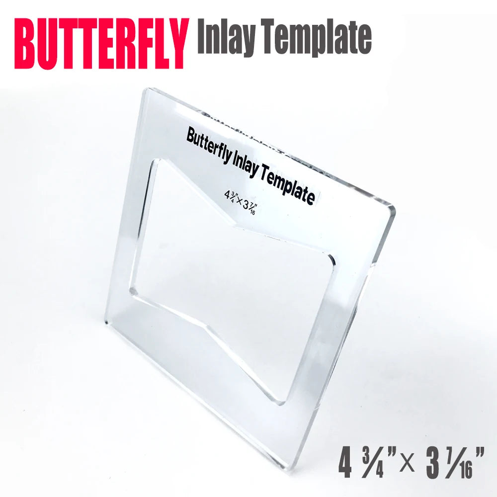 A clear butterfly inlay template with dimensions 4 3/4 x 3 1/16 inches.