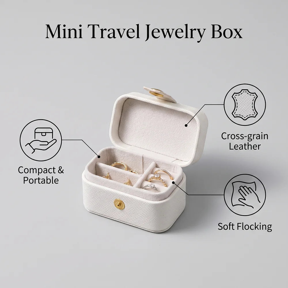A beige mini travel jewelry box with a lid open, showing space for rings and bracelets.