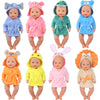 A set of five cute cartoon animal bathrobes and nightgowns for dolls in various colors like blue, pink, green, orange, and ye