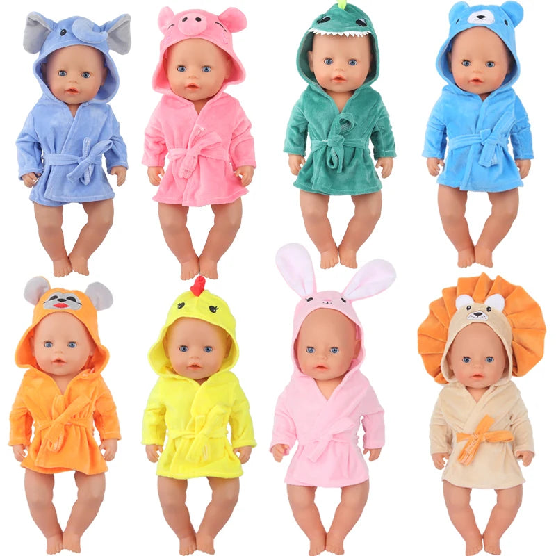 A set of five cute cartoon animal bathrobes and nightgowns for dolls in various colors like blue, pink, green, orange, and ye