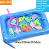 A blue plastic fishing game set featuring various colorful fish, a fishing rod, and an inflatable pool.