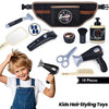 A set of ten kids hair styling tools including a blow dryer, scissors, brush, and lotion bottle.