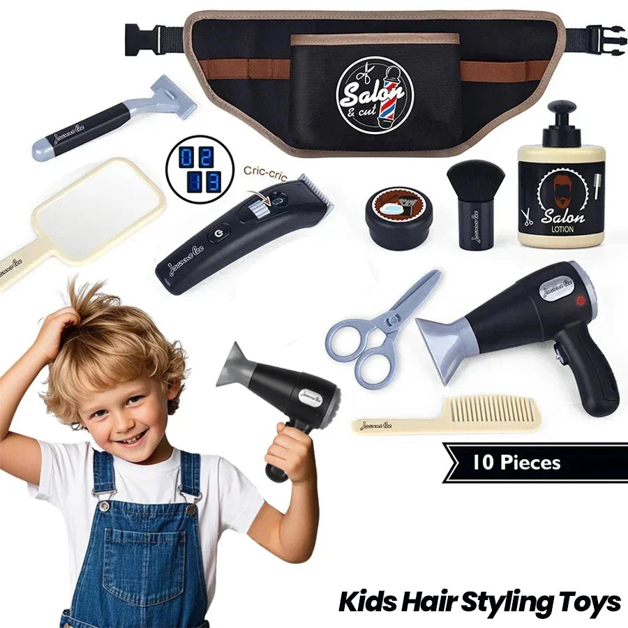 A set of ten kids hair styling tools including a blow dryer, scissors, brush, and lotion bottle.