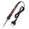 A precision soldering iron with a black and red handle, digital display, and adjustable temperature, connected by a black cor
