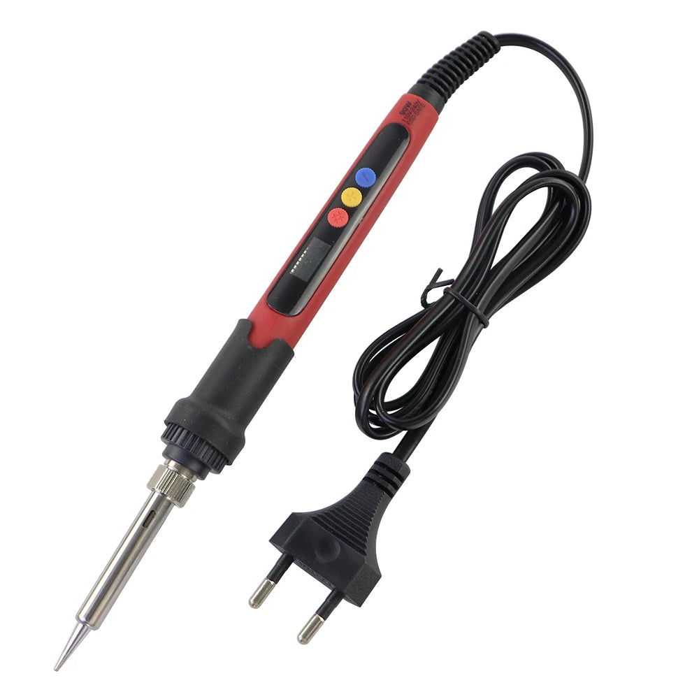 A precision soldering iron with a black and red handle, digital display, and adjustable temperature, connected by a black cor