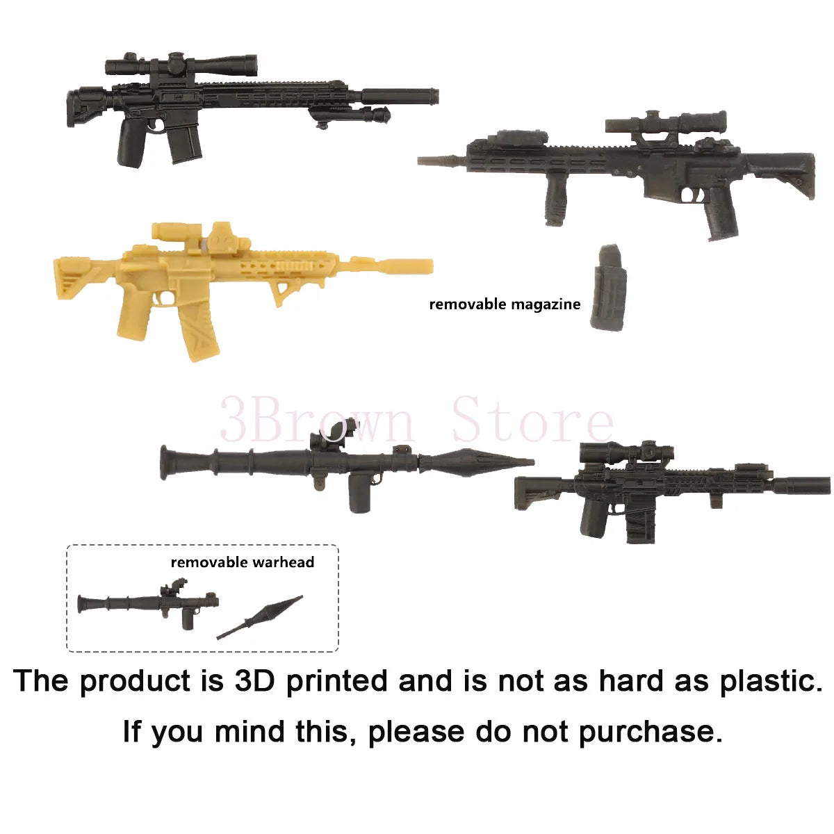 A set of 3D printed military building blocks featuring various gun models and accessories.