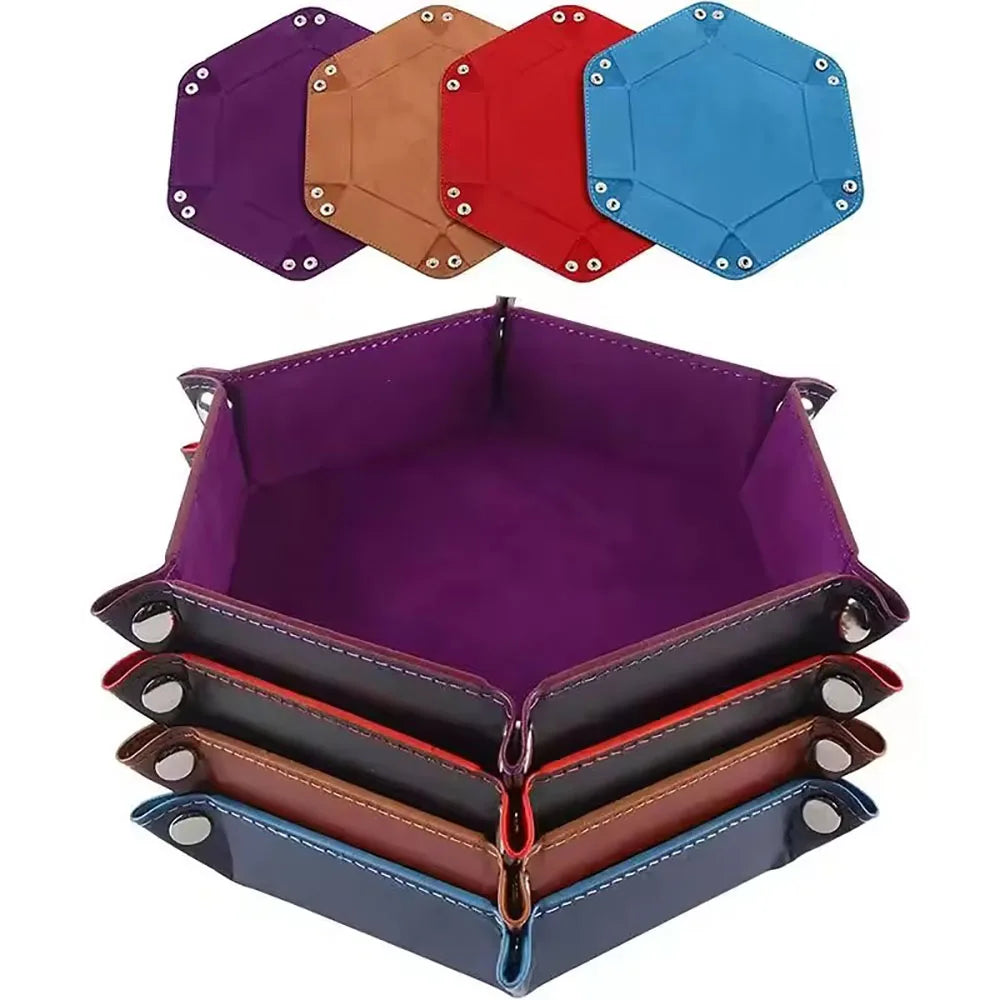 A set of six foldable PU leather hexagonal dice trays in various colors including purple, tan, red, and blue.
