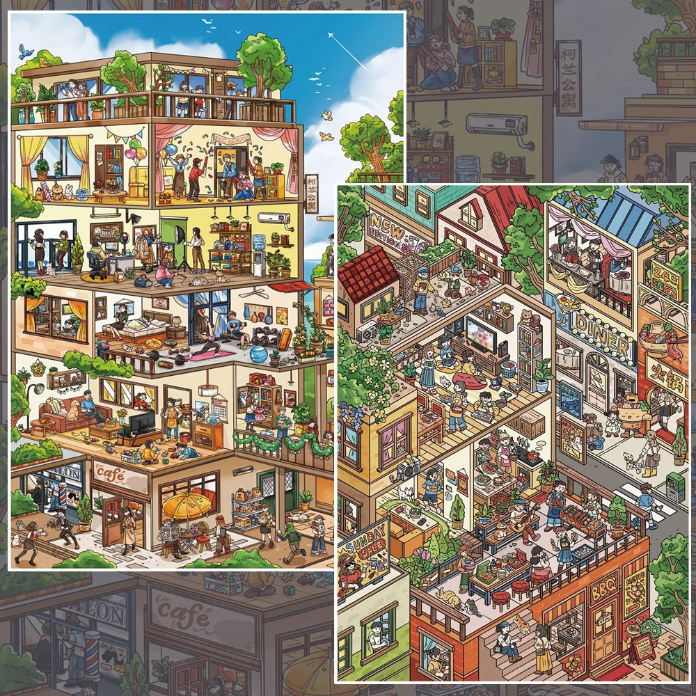 A collection of detailed 3D Kawaii home life scenes featuring various characters and domestic activities for scrapbooking.