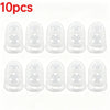 Ten clear silicone guitar finger sleeves arranged in a row for practice and protection