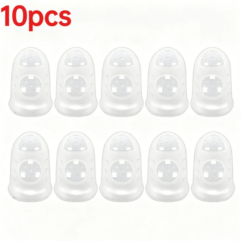 Ten clear silicone guitar finger sleeves arranged in a row for practice and protection