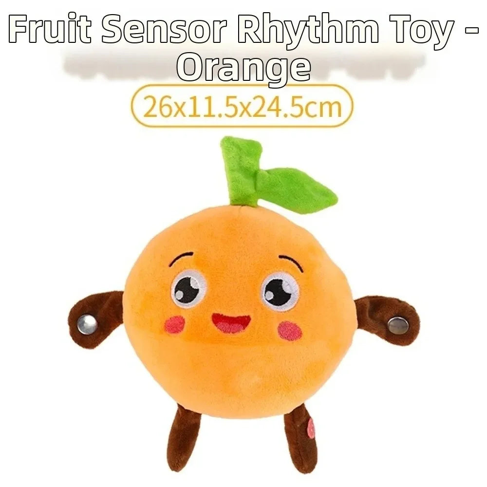 An orange fruit sensor rhythm toy plush toy with a green leaf attached