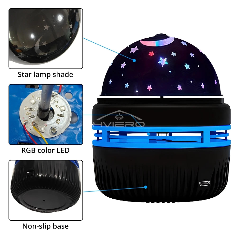 A star lamp shade projector with an RGB color LED and a non-slip base.