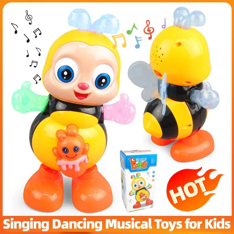 A yellow and black electric dancing bee musical toy for kids with wings and bright eyes.