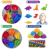 A set of colorful plastic animals for sorting and counting activities including dinosaurs, elephants, and other shapes.