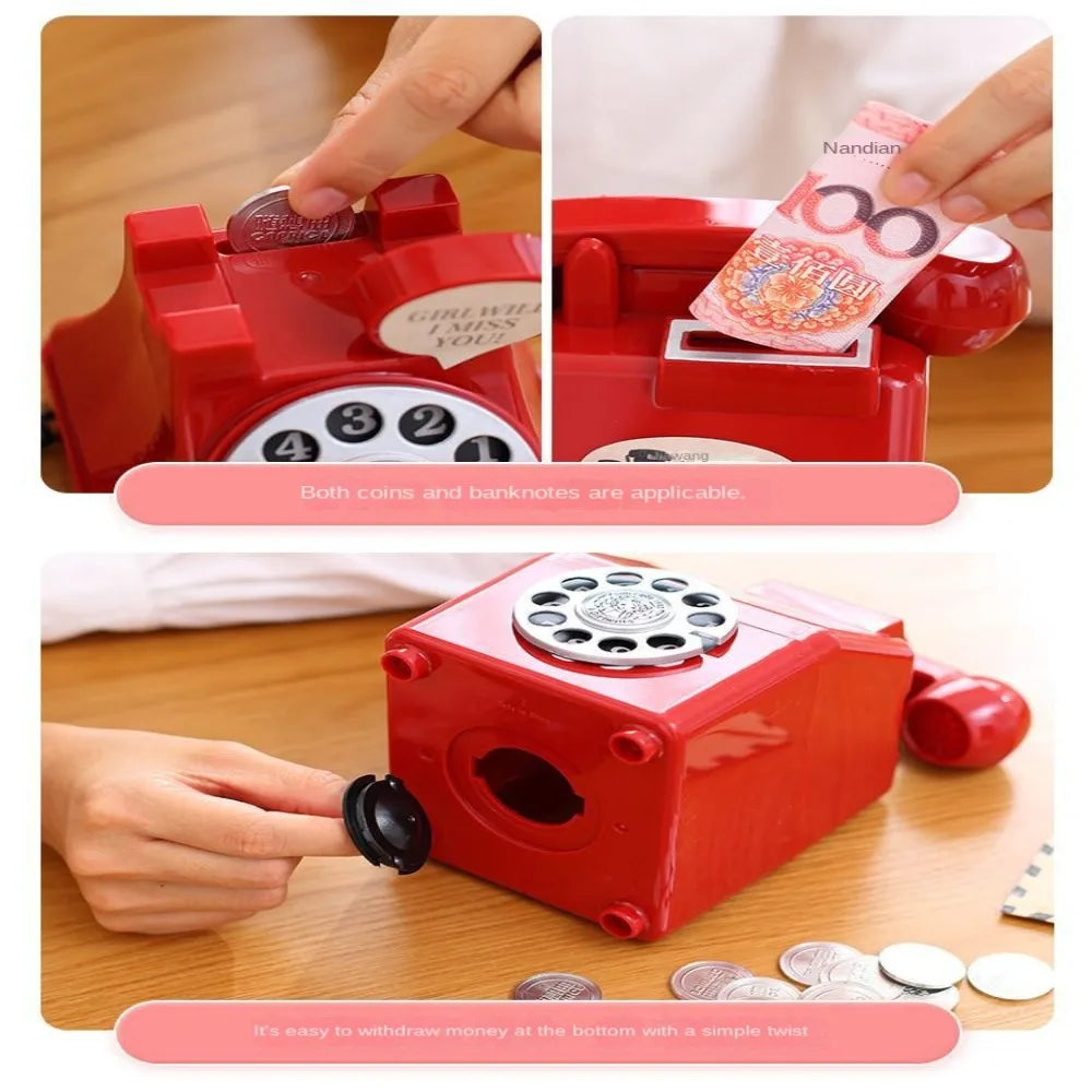 A red vintage rotary telephone piggy bank showing how to withdraw money with a simple twist.
