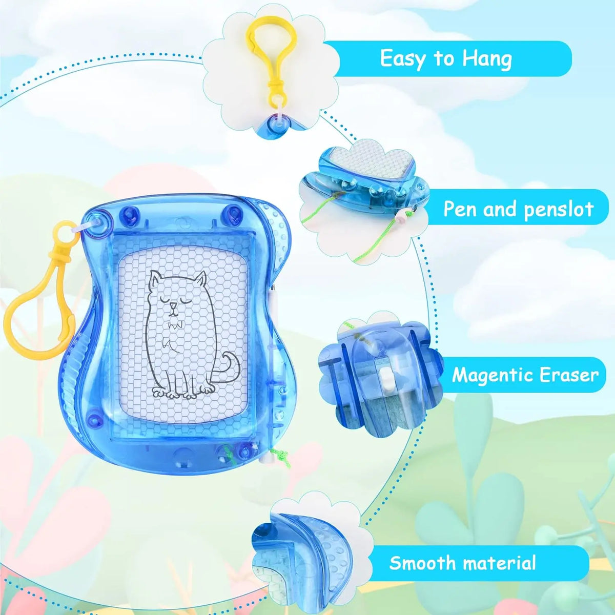 A blue mini magnetic drawing board keychain featuring a cat outline, with accessories like a pen and pencil slot.