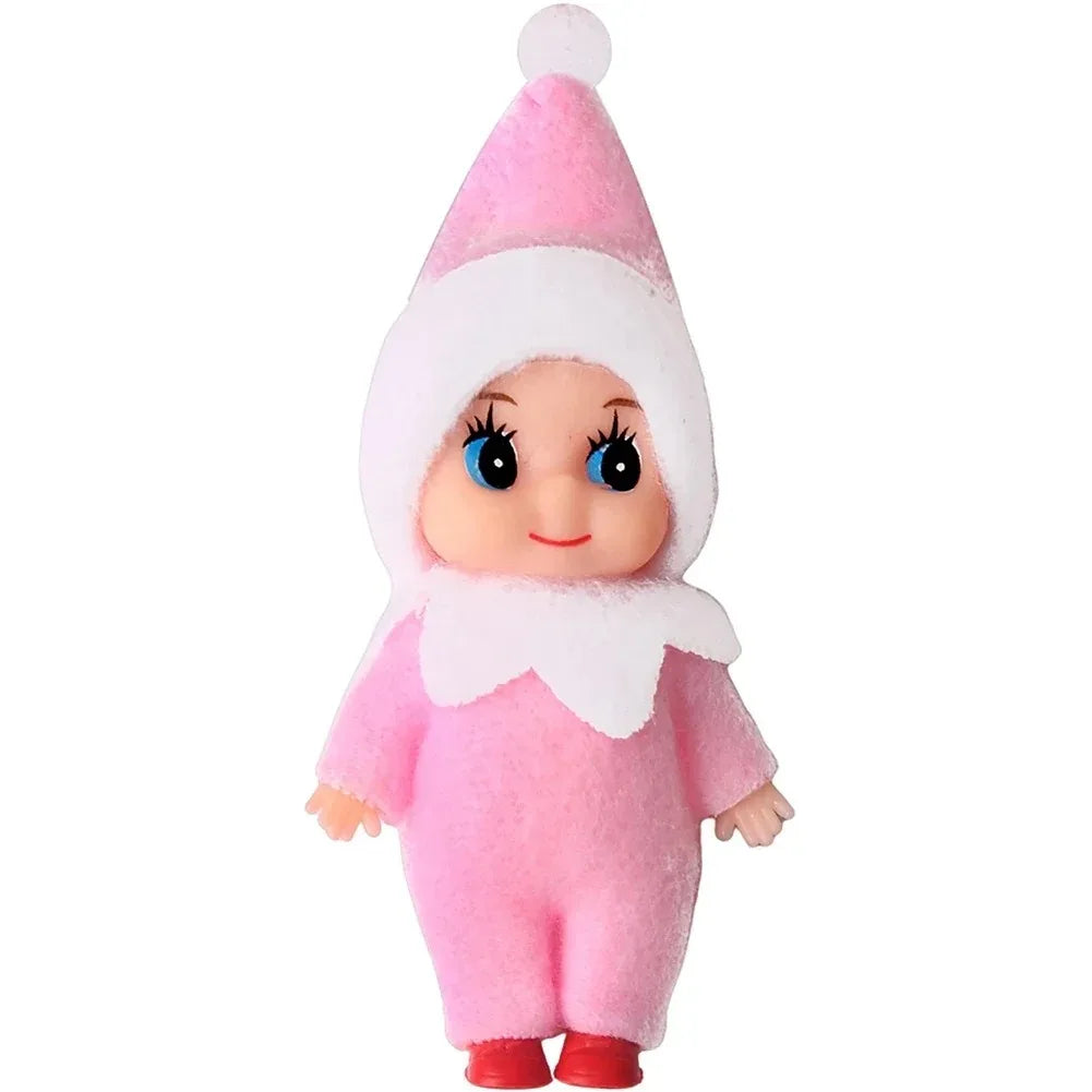 Adorable plush Christmas elf doll ornament with pink and white fuzzy clothing