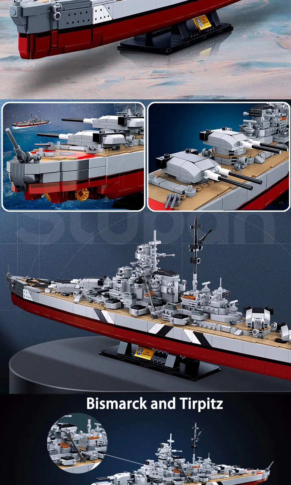 A detailed model kit of the Bismarck Battleship featuring a 2-in-1 construction and various scale views.