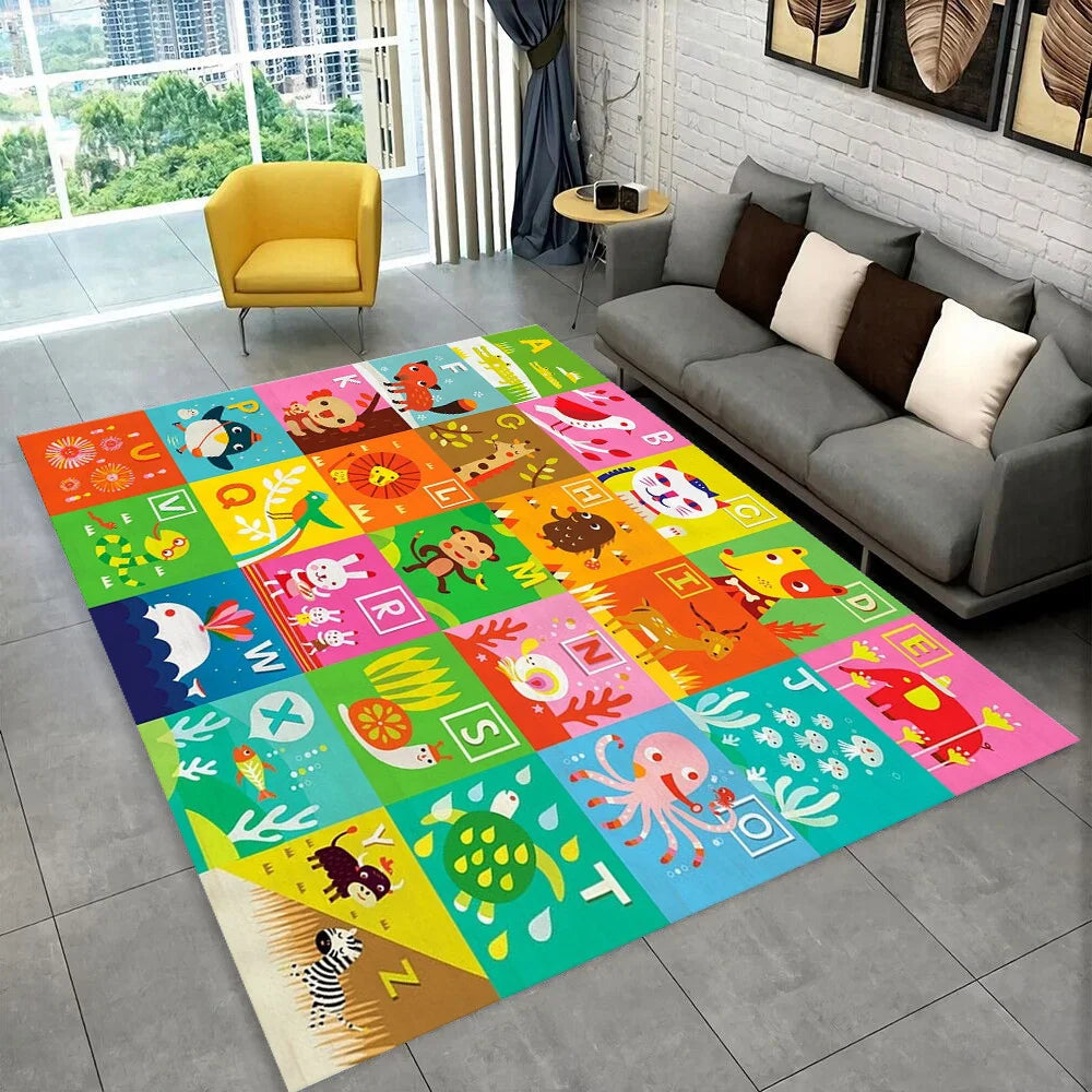 A colorful alphabet rug featuring cartoon animals and letters for a kids playroom.