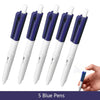 Five blue ballpoint pens are displayed, showing the tips and bodies of the pens.