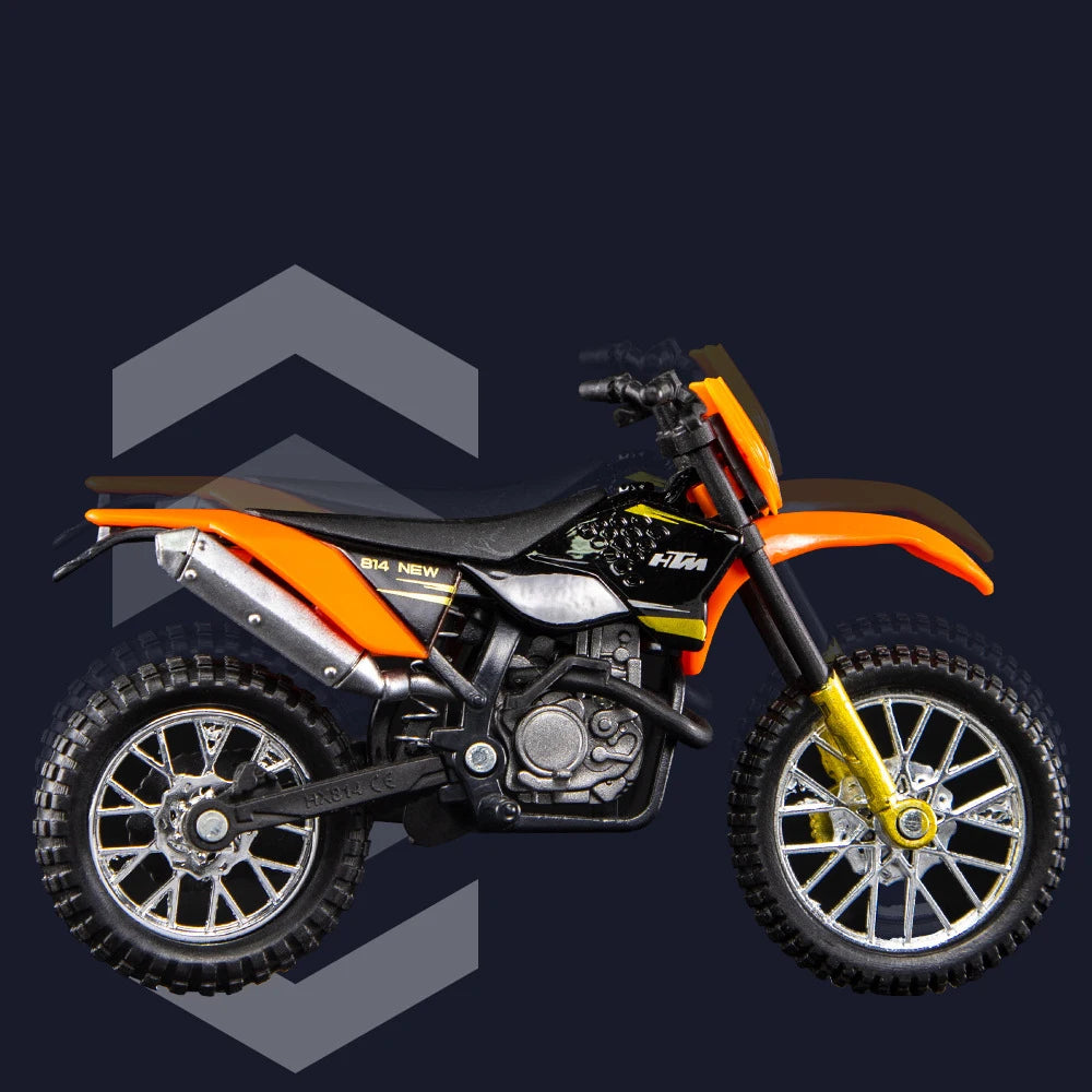 A diecast model of a KTM 450 SX-F motorcycle in orange and black colors.