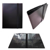A black durable card collection binder shown in three views: closed, open, and angled.