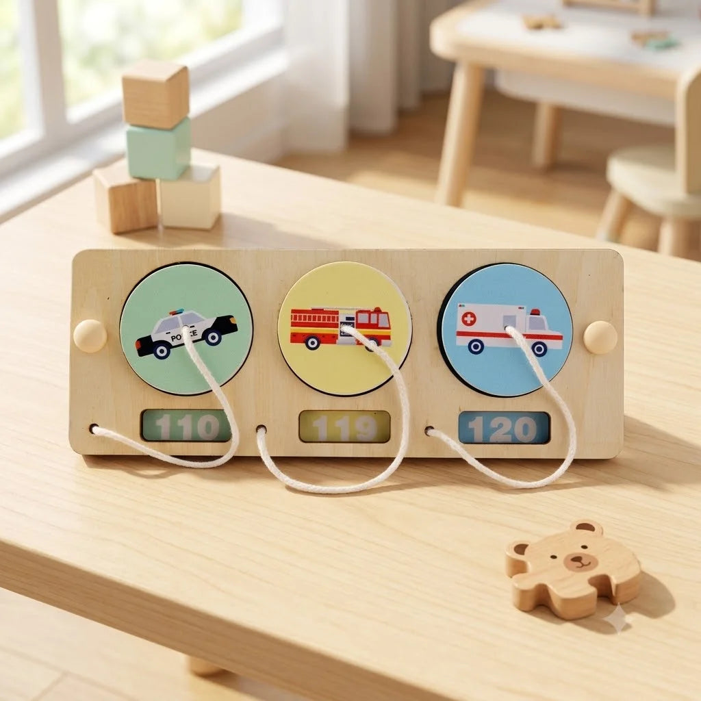 A wooden Montessori busy board for toddlers featuring numbered gears and switches with LED lights.