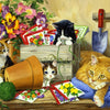 A collection of colorful jigsaw puzzles and a black cat resting near wooden planks.