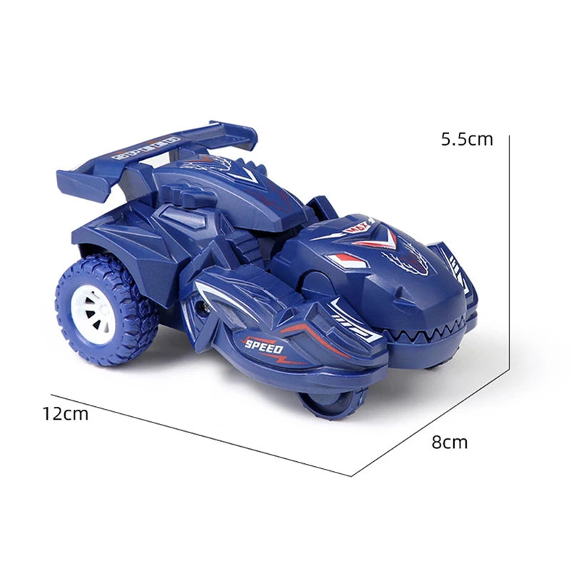 A blue 2-in-1 dinosaur transforming car toy with large wheels and detailed body features.