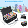 A set of alcohol markers with a color card and dual tips displayed in an open black case.