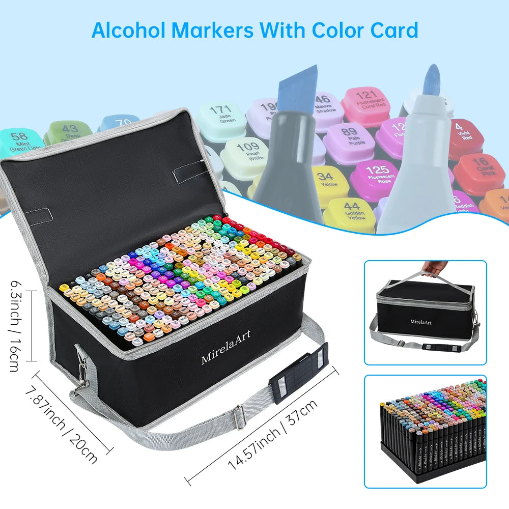 A set of alcohol markers with a color card and dual tips displayed in an open black case.