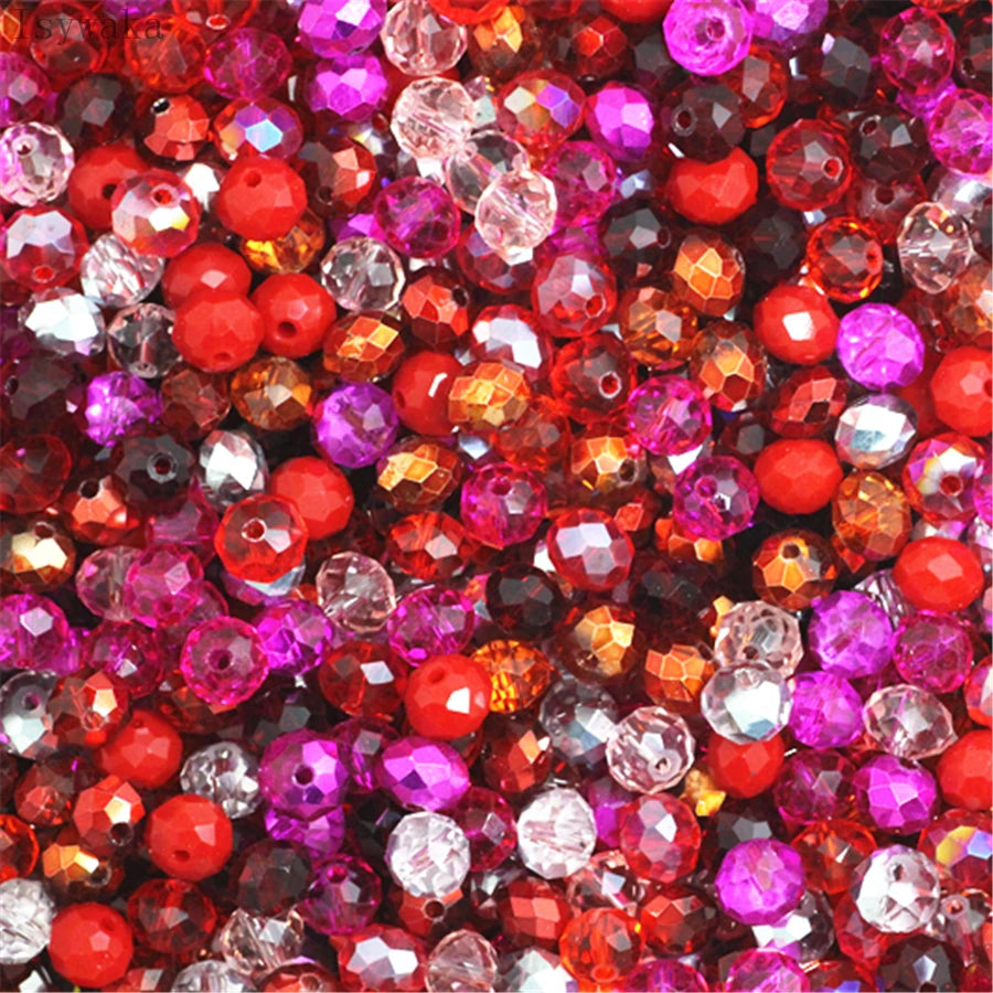 Multicolor round crystal glass beads in shades of red, pink, and purple for jewelry making