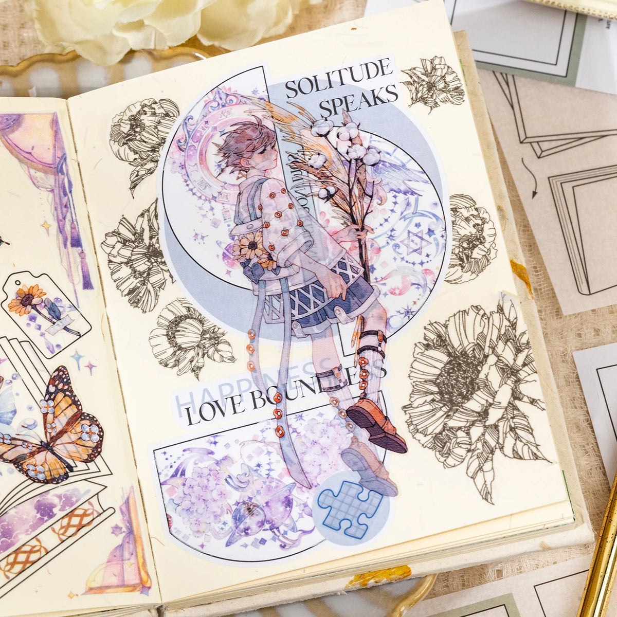 A page from a dual-material frame sticker set featuring delicate line art and watercolor illustrations of nature and floral e